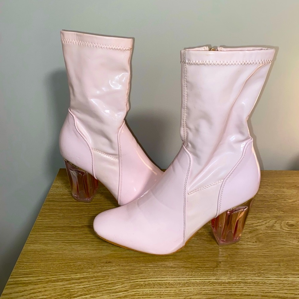 Pink Mid-Calf Block Heel Boots